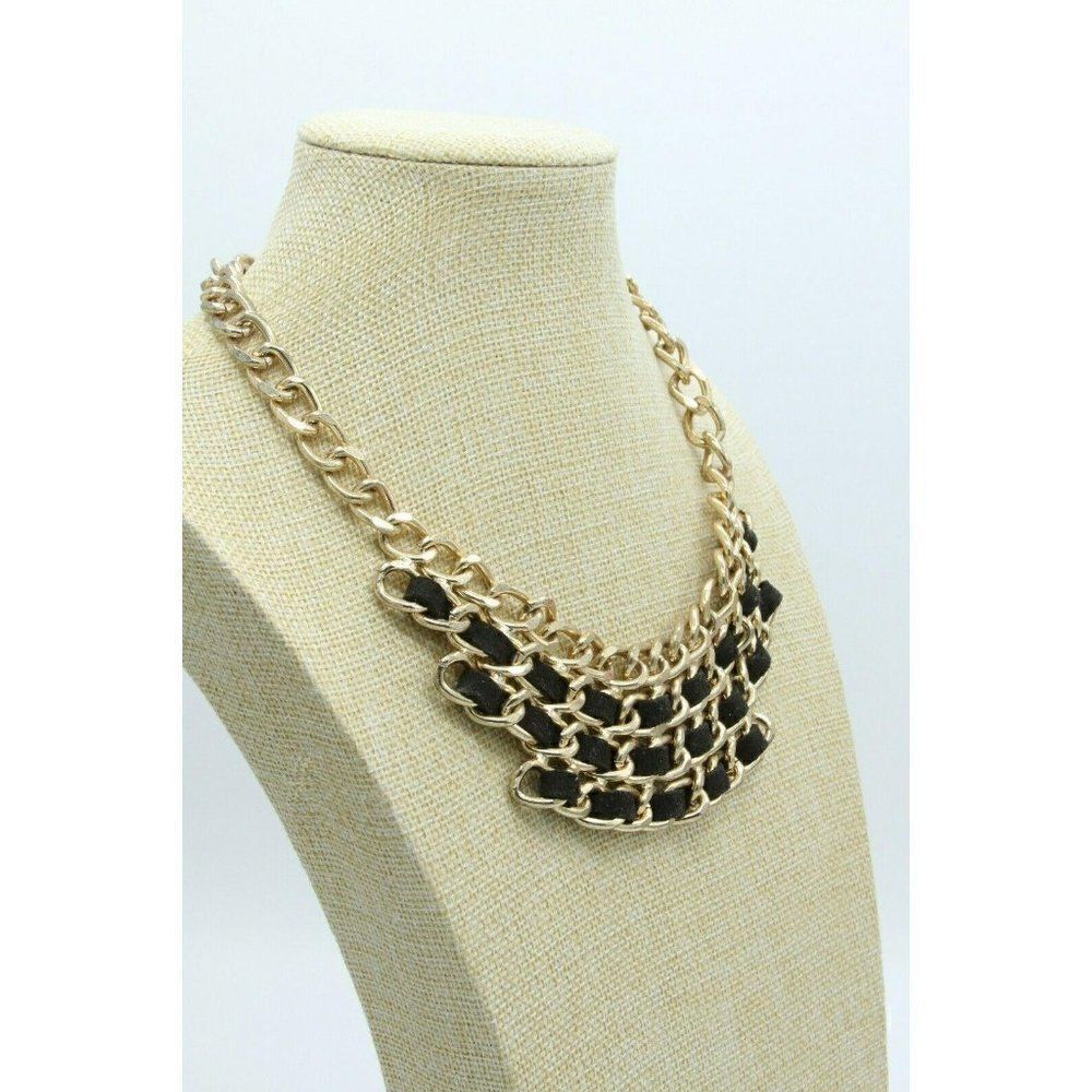 Leather & Gold Tone Necklace Choker Collar 16"